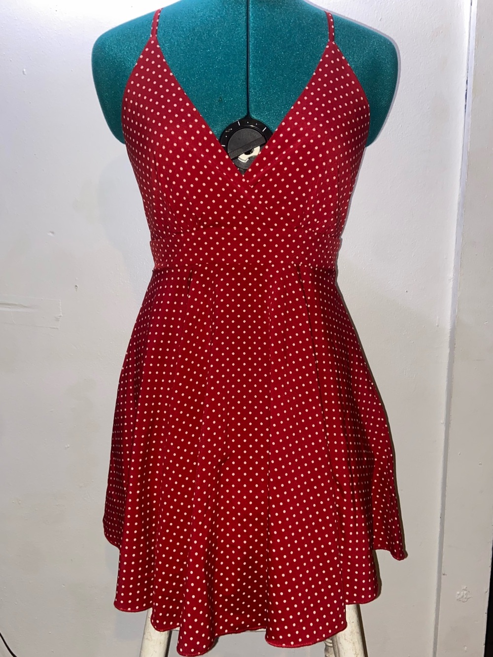 Retro Rockability Patriotic USA Twee Red Polka Dot‎ Spaghetti Strap Mini Dress